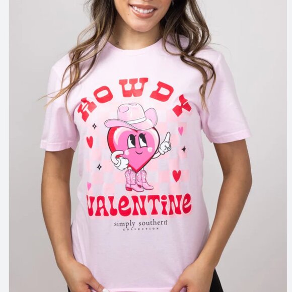 Simply Southern Howdy Valentine Cowboy Light Pink T-Shirt Tee NEW Size Large - Picture 1 of 4